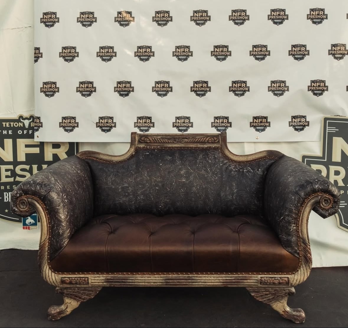 Tooled Leather Carved Settee