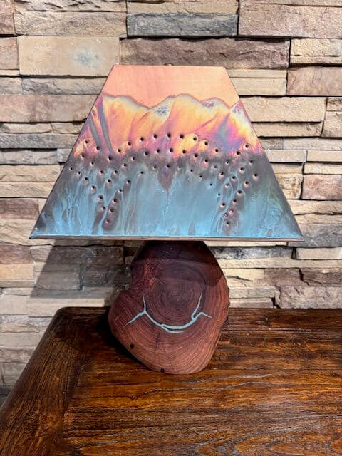 Small Mesquite Lamp Scalloped Shade in Washed Green with Turquoise Inlay