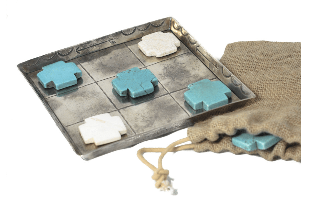 STAMPED TIC- TAC- TOE GAME BOARD SET W/TURQUOISE STONE GAME PIECES-101-1