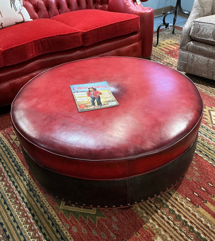 Red Round Leather Ottoman